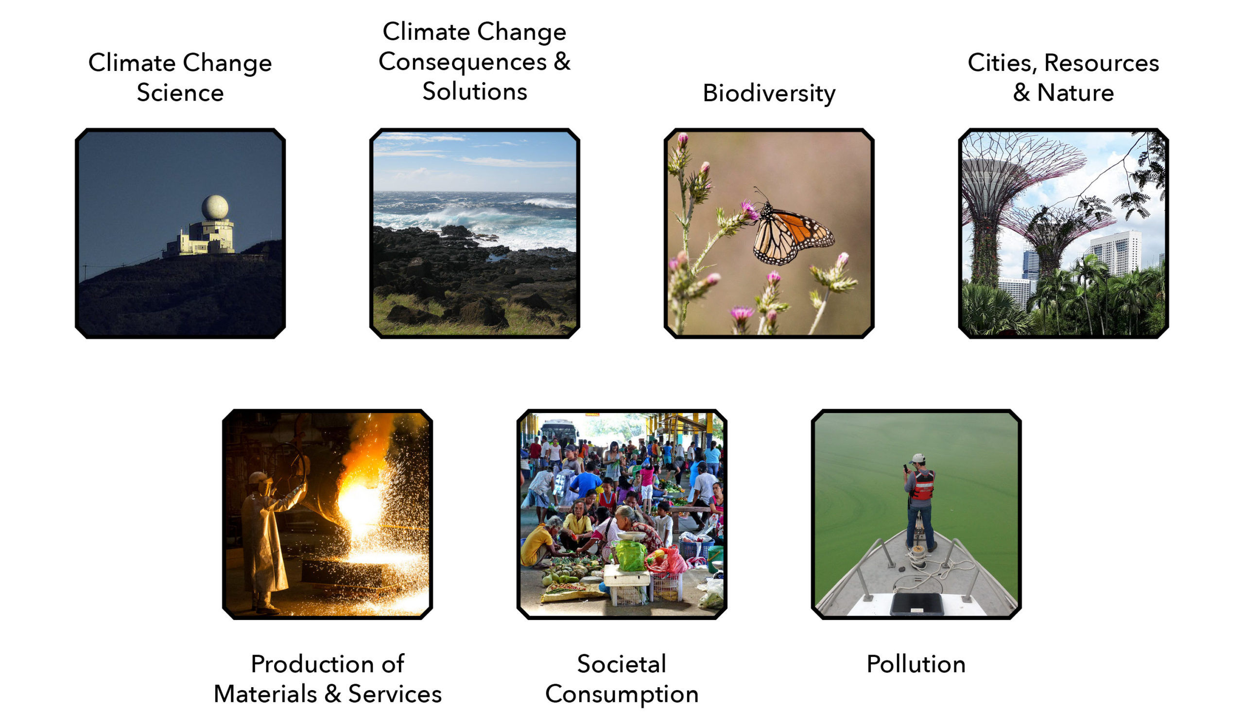 Climate Change Science; Climate Change Consequences & Solutions; Biodiversity; Cities, Resources & Nature; Production of Materials & Services; Societal Consumption; Pollution