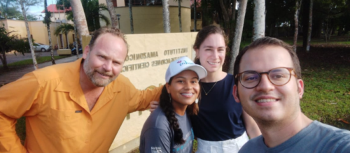 Juan Felipe Guhl (SINCHI Institute), a local high school student in Leticia, Maylin Martinez, Marcela Angel (ESI Research Program Director), and Marco Herndon (MCP’24). 